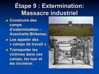 Étape 9 : Extermination:
Massacre industriel
n  Construire des
camps
d’extermination –
Auschwitz-Birkenau.
n  Les appeler ...
