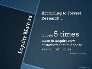 According to Forrest
Research…



       5 times
It costs
more to acquire new
customers than it does to
keep current ones.
                 source: bit.ly/fdsxzx
 