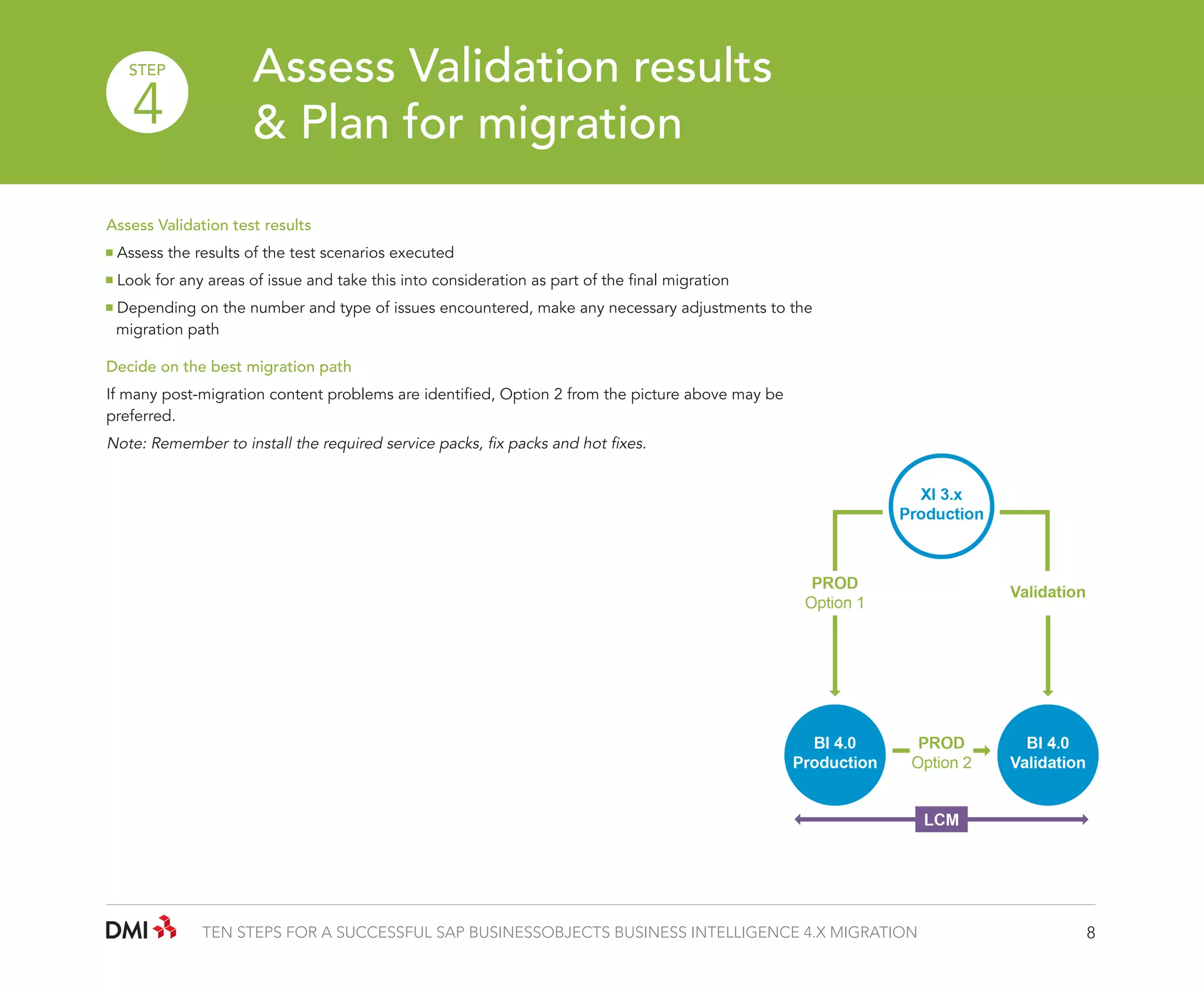 STEP

4

Assess Validation results
& Plan for migration

Assess Validation test results
Assess the results of the test scenarios executed
Look for any areas of issue and take this into consideration as part of the final migration
Depending on the number and type of issues encountered, make any necessary adjustments to the 	
	 migration path
Decide on the best migration path
If many post-migration content problems are identified, Option 2 from the picture above may be
preferred.

Note: Remember to install the required service packs, fix packs and hot fixes.

TEN STEPS FOR A SUCCESSFUL SAP BUSINESSOBJECTS BUSINESS INTELLIGENCE 4.X MIGRATION

8

 