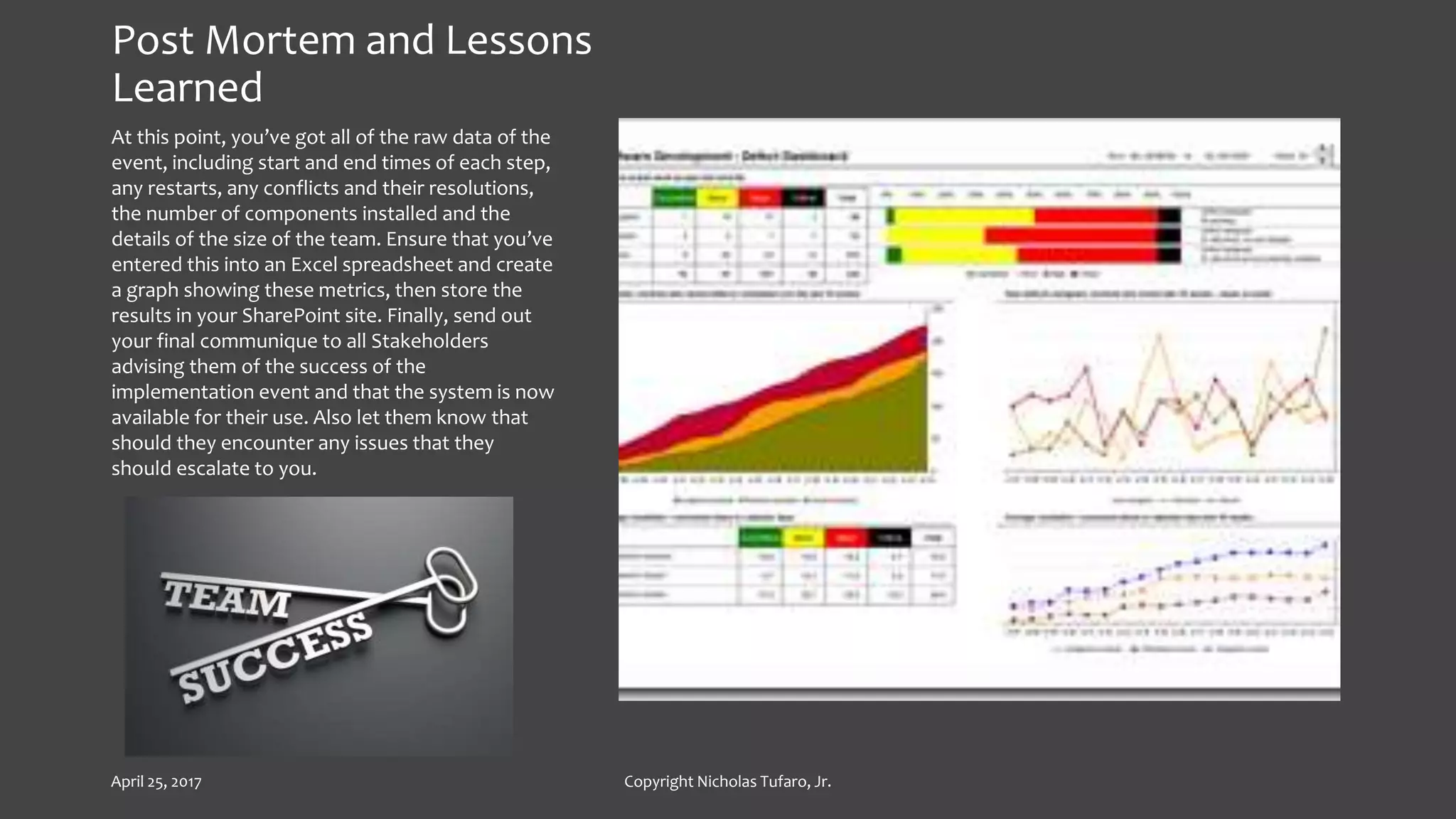 Post Mortem and Lessons
Learned
At this point, you’ve got all of the raw data of the
event, including start and end times of each step,
any restarts, any conflicts and their resolutions,
the number of components installed and the
details of the size of the team. Ensure that you’ve
entered this into an Excel spreadsheet and create
a graph showing these metrics, then store the
results in your SharePoint site. Finally, send out
your final communique to all Stakeholders
advising them of the success of the
implementation event and that the system is now
available for their use. Also let them know that
should they encounter any issues that they
should escalate to you.
April 25, 2017 Copyright Nicholas Tufaro, Jr.
 