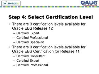 Step 4: Select Certification Level There are 3 certification levels available for Oracle EBS Release 12 Certified Expert Certified Professional Certified Specialist There are 3 certification levels available for Oracle EBS Certification for Release 11i Certified Consultant  Certified Expert Certified Professional 