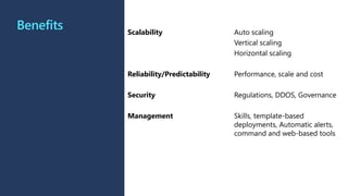 Benefits Scalability Auto scaling
Vertical scaling
Horizontal scaling
Reliability/Predictability Performance, scale and cost
Security Regulations, DDOS, Governance
Management Skills, template-based
deployments, Automatic alerts,
command and web-based tools
 