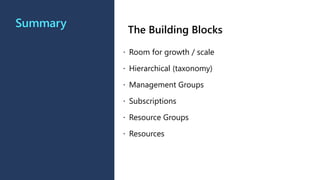 Summary
The Building Blocks
 Room for growth / scale
 Hierarchical (taxonomy)
 Management Groups
 Subscriptions
 Resource Groups
 Resources
 