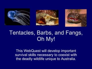 Tentacles, Barbs, and Fangs, Oh My! This WebQuest will develop important survival skills necessary to coexist with the deadly wildlife unique to Australia. 