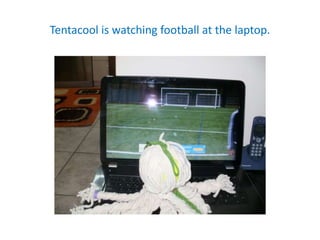 Tentacool is watching football at the laptop.
 