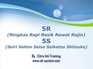 5R

(Ringkas Rapi Resik Rawat Rajin)

5S

(Seiri Seiton Seiso Seiketsu Shitsuke)
By : Citra Inti Training
www.cit-system.com
Powerpoint Templates

Page 1

 