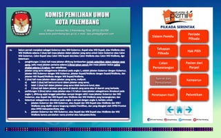 KOMISI PEMILIHAN UMUM
KOTA PALEMBANG
PILKADA SERENTAK
Jl. Mayor Santoso No. 2 Palembang, Telp. (0711) 351709
www.kota-palembang.kpu.go.id, e-mail : kpu.plmbg@gmail.com
 