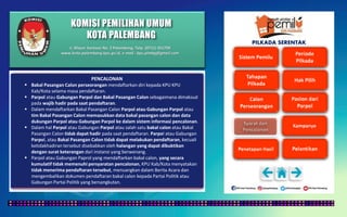 KOMISI PEMILIHAN UMUM
KOTA PALEMBANG
PILKADA SERENTAK
PENCALONAN
 Bakal Pasangan Calon perseorangan mendaftarkan diri kepada KPU KPU
Kab/Kota selama masa pendaftaran.
 Parpol atau Gabungan Parpol dan Bakal Pasangan Calon sebagaimana dimaksud
pada wajib hadir pada saat pendaftaran.
 Dalam mendaftarkan Bakal Pasangan Calon Parpol atau Gabungan Parpol atau
tim Bakal Pasangan Calon memasukkan data bakal pasangan calon dan data
dukungan Parpol atau Gabungan Parpol ke dalam sistem informasi pencalonan.
 Dalam hal Parpol atau Gabungan Parpol atau salah satu bakal calon atau Bakal
Pasangan Calon tidak dapat hadir pada saat pendaftaran. Parpol atau Gabungan
Parpol, atau Bakal Pasangan Calon tidak dapat melakukan pendaftaran, kecuali
ketidakhadiran tersebut disebabkan oleh halangan yang dapat dibuktikan
dengan surat keterangan dari instansi yang berwenang.
 Parpol atau Gabungan Paprol yang mendaftarkan bakal calon, yang secara
kumulatif tidak memenuhi persyaratan pencalonan, KPU Kab/Kota menyatakan
tidak menerima pendaftaran tersebut, menuangkan dalam Berita Acara dan
mengembalikan dokumen pendaftaran bakal calon kepada Partai Politik atau
Gabungan Partai Politik yang bersangkutan.
Jl. Mayor Santoso No. 2 Palembang, Telp. (0711) 351709
www.kota-palembang.kpu.go.id, e-mail : kpu.plmbg@gmail.com
 