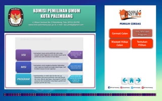 KOMISI PEMILIHAN UMUM
KOTA PALEMBANG
PEMILIH CERDAS
Jl. Mayor Santoso No. 2 Palembang, Telp. (0711) 351709
www.kota-palembang.kpu.go.id, e-mail : kpu.plmbg@gmail.com
 
