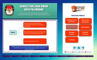 KOMISI PEMILIHAN UMUM
KOTA PALEMBANG
TENTANG PEMILU
Jl. Mayor Santoso No. 2 Palembang, Telp. (0711) 351709
www.kota-palembang.kpu.go.id, e-mail : kpu.plmbg@gmail.com
 