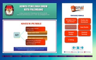 KOMISI PEMILIHAN UMUM
KOTA PALEMBANG
TENTANG PEMILU
Jl. Mayor Santoso No. 2 Palembang, Telp. (0711) 351709
www.kota-palembang.kpu.go.id, e-mail : kpu.plmbg@gmail.com
 