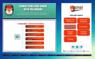 KOMISI PEMILIHAN UMUM
KOTA PALEMBANG
TENTANG PEMILU
Jl. Mayor Santoso No. 2 Palembang, Telp. (0711) 351709
www.kota-palembang.kpu.go.id, e-mail : kpu.plmbg@gmail.com
 