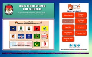 KOMISI PEMILIHAN UMUM
KOTA PALEMBANG
PEMILU LEGISLATIF
Jl. Mayor Santoso No. 2 Palembang, Telp. (0711) 351709
www.kota-palembang.kpu.go.id, e-mail : kpu.plmbg@gmail.com
 
