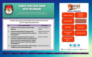 KOMISI PEMILIHAN UMUM
KOTA PALEMBANG
PEMILU LEGISLATIF
Verifikasi Faktual Partai Politik Bakal Calon Peserta Pemilu Tahun
2014 di tingkat Kabupaten/Kota
Jl. Mayor Santoso No. 2 Palembang, Telp. (0711) 351709
www.kota-palembang.kpu.go.id, e-mail : kpu.plmbg@gmail.com
 