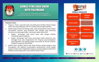 KOMISI PEMILIHAN UMUM
KOTA PALEMBANG
PEMILU LEGISLATIF
Penjelasan Teknis :
1. Pengurus Parpol yang hadir pada saat pelaksanaan Verifikasi Faktual mengisi
daftar hadir yang disediakaan oleh Tim verifikasi Faktual tingkat Kab/Kota .
2. Apabila pengrus Parpol berhalangan hadir, wajib menyampaikan alasan dengan
menunjukkan dokumen yang diterbitkan oleh lembaga yang berwenang
(misalnya surat keterangan dokter, menunaikan badah haji/umrah).
a. Apabila berhalangan hadir karena alasan sakit, petugas verifikasi
mendatangi yang bersangkutan.
b. Apabila berhalangan hadir karena menunaikan ibadah haji/umrah, atau
meninggal dunia, atau mengundurkan diri. Pengurus yang bersangkutan
dapat digantiikan oleh wakilnya dengan mencocokan SK, formulir Lampiran
2 Model F1-Parpol dan KTA/KTP/KK.
3. Apabila dalam Verifikasi Faktual tidak dapat bertemu dengan pengurus yang
bersanguktan, KPU Kab/Kota menyampaikan pemberitahuan tertulis kepada
pengurus Parpol untuk menghadirkan pengurus yang bersangkutan kepada KPU
Kab/kota sampai dengan akhir masa verifikasi Faktual Tahap I.
Jl. Mayor Santoso No. 2 Palembang, Telp. (0711) 351709
www.kota-palembang.kpu.go.id, e-mail : kpu.plmbg@gmail.com
 