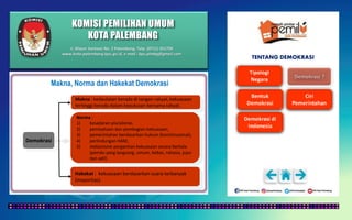 KOMISI PEMILIHAN UMUM
KOTA PALEMBANG
TENTANG DEMOKRASI
Makna, Norma dan Hakekat Demokrasi
Demokrasi
Makna : kedaulatan berada di tangan rakyat, kekuasaan
tertinggi berada dalam keputusan bersama rakyat.
Norma :
1) kesadaran pluralisme,
2) pemisahaan dan pembagian kekuasaan,
3) pemerintahan berdasarkan hukum (konstitusional),
4) perlindungan HAM,
5) mekanisme pergantian kekuasaan secara berkala
(pemilu yang langusng, umum, bebas, rahasia, jujur
dan adil)
Hakekat : kekuasaan berdasarkan suara terbanyak
(mayoritas).
Jl. Mayor Santoso No. 2 Palembang, Telp. (0711) 351709
www.kota-palembang.kpu.go.id, e-mail : kpu.plmbg@gmail.com
 