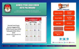 KOMISI PEMILIHAN UMUM
KOTA PALEMBANG
PEMILU LEGISLATIF
Format Surat Suara
Pemilu Anggota DPR,
DPRD Provinsi dan DPRD
Kabupaten/Kota Tahun
2014
(Ukuran surat suara 42 X 52
CM)
Jl. Mayor Santoso No. 2 Palembang, Telp. (0711) 351709
www.kota-palembang.kpu.go.id, e-mail : kpu.plmbg@gmail.com
 