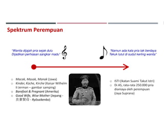 “Wanita dijajah pria sejak dulu
Dijadikan perhiasan sangkar madu”
“Namun ada kala pria tak berdaya
Tekuk lutut di sudut kerling wanita”
Spektrum Perempuan
o Macak, Masak, Manak (Jawa)
o Kinder, Küche, Kirche (Kaisar Wilhelm
II Jerman – gambar samping)
o Barefoot & Pregnant (Amerika)
o Good Wife, Wise Mother (Jepang -
良妻賢⺟ - Ryōsaikenbo)
o ISTI (Ikatan Suami Takut Istri)
o Di AS, rata-rata 250.000 pria
dianiaya oleh perempuan
(Jaya Suprana)
 