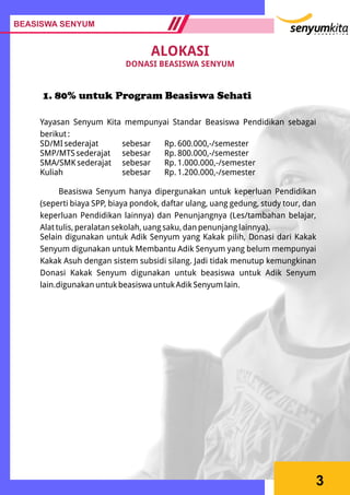 3
ALOKASI
DONASI BEASISWA SENYUM
Yayasan Senyum Kita mempunyai Standar Beasiswa Pendidikan sebagai
berikut :
SD/MI sederajat sebesar Rp. 600.000,-/semester
SMP/MTS sederajat sebesar Rp. 800.000,-/semester
SMA/SMK sederajat sebesar Rp. 1.000.000,-/semester
Kuliah sebesar Rp. 1.200.000,-/semester
Beasiswa Senyum hanya dipergunakan untuk keperluan Pendidikan
(seperti biaya SPP, biaya pondok, daftar ulang, uang gedung, study tour, dan
keperluan Pendidikan lainnya) dan Penunjangnya (Les/tambahan belajar,
Alat tulis, peralatan sekolah, uang saku, dan penunjang lainnya).
Selain digunakan untuk Adik Senyum yang Kakak pilih, Donasi dari Kakak
Senyum digunakan untuk Membantu Adik Senyum yang belum mempunyai
Kakak Asuh dengan sistem subsidi silang. Jadi tidak menutup kemungkinan
Donasi Kakak Senyum digunakan untuk beasiswa untuk Adik Senyum
lain.digunakan untuk beasiswa untuk Adik Senyum lain.
BEASISWA SENYUM
1. 80% untuk Program Beasiswa Sehati
 
