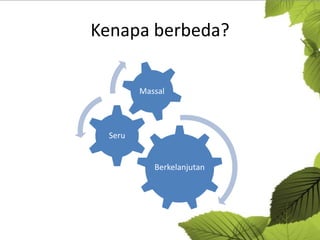Kenapa berbeda?
Massal

Seru

Berkelanjutan

 