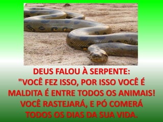 DEUS FALOU À SERPENTE:
"VOCÊ FEZ ISSO, POR ISSO VOCÊ É
MALDITA É ENTRE TODOS OS ANIMAIS!
VOCÊ RASTEJARÁ, E PÓ COMERÁ
TODOS OS DIAS DA SUA VIDA.
 