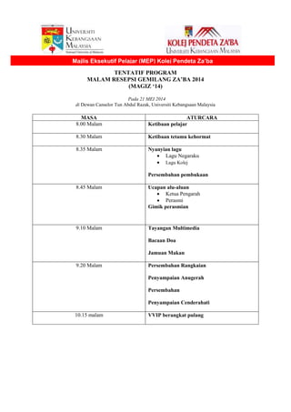 TENTATIF PROGRAM
MALAM RESEPSI GEMILANG ZA’BA 2014
(MAGIZ ‘14)
Pada 21 MEI 2014
di Dewan Canselor Tun Abdul Razak, Universiti Kebangsaan Malaysia
MASA ATURCARA
8.00 Malam Ketibaan pelajar
8.30 Malam Ketibaan tetamu kehormat
8.35 Malam Nyanyian lagu
 Lagu Negaraku
 Lagu Kolej
Persembahan pembukaan
8.45 Malam Ucapan alu-aluan
 Ketua Pengarah
 Perasmi
Gimik perasmian
9.10 Malam Tayangan Multimedia
Bacaan Doa
Jamuan Makan
9.20 Malam Persembahan Rangkaian
Penyampaian Anugerah
Persembahan
Penyampaian Cenderahati
10.15 malam VVIP berangkat pulang
Majlis Eksekutif Pelajar (MEP) Kolej Pendeta Za’ba
 