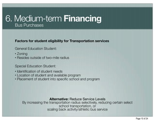 6. Medium-term Financing
  Bus Purchases


  Factors for student eligibility for Transportation services

  General Education Student:
  • Zoning
  • Resides outside of two-mile radius



  Special Education Student:
  • Identiﬁcation of student needs
  • Location of student and available program
  • Placement of student into speciﬁc school and program




                        Alternative: Reduce Service Levels
      By increasing the transportation radius selectively, reducing certain select
                              school transportation, or
                      scaling back activity/athletic bus service

                                                                                     Page 10 of 24
 