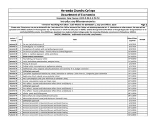 Lecture /
Tutorial
Unit Topic
Date of Class
/ Upload
Remark
Lecture-26 5 Tax and market adjustment-2 3/10/2018
Lecture-27 5 Elasticity and Tax incidence 4/10/2018
Lecture-28 5 Comparison of markets with and without government 9/10/2018
Lecture-29 6 The History of Utility Theory – From Cardinal to Ordinal Approach. 10/10/2018
Lecture-30 6 Utility in Cardinal Approach- Utility and choice 11/10/2018
Tutorial-6 5 Government Intervention 29/10/2018
Lecture-31 6 Total Utility and Marginal Utility 30/10/2018
Lecture-32 6 Utility and choice-maximization, marginal utility 31/10/2018
Lecture-33 6 Theory of demand 1/11/2018
Lecture-34 6 Ordinal utility: Assumptions on preference ordering 5/11/2018
Lecture-35 6 Indifference curve, marginal rate of substitution and convexity of IC, budget constraint 12/11/2018
Tutorial-7 6 Utilitarian Approach 13/11/2018
Lecture-36 6 Consumers’ equilibrium-interior and corner, Derivation of Demand Curves from Ics, composite good convention 14/11/2018
Lecture-37 6 Application: Cash subsidy versus subsidy in kind 15/11/2018
Lecture-38 6 Price consumption curve (and derivation of Demand Curve) 19/11/2018
Lecture-39 6 Income consumption curve and Engel curve 20/11/2018
Lecture-40 6 Price effect - Income and Substitution effect (Hicks and Slutsky)-1 21/11/2018
Tutorial-8 6 Utilitarian Approach 22/11/2018
Lecture-41 6 Price effect - Income and Substitution effect (Hicks and Slutsky)-2 26/11/2018
Lecture-42 6 Price effect - Income and Substitution effect (Hicks and Slutsky)-3 27/11/2018
Lecture-43 6 Inferior goods and Giffen goods 28/11/2018
Lecture-44 6 Marshallian and compensated demand curves 29/11/2018
Lecture-45 6 Marshallian demand curve (and Walrasian Demand Curve) 3/12/2018
Tutorial-9 6 Utilitarian Approach 4/12/2018
Lecture-46 6 Revision Lecture Unit-1, Question/Answer and Doubt Clearing 5/12/2018
Lecture-47 6 Revision Lecture Unit-2, Question/Answer and Doubt Clearing 6/12/2018
Lecture-48 6 Revision Lecture Unit-3, Question/Answer and Doubt Clearing 10/12/2018
Lecture-49 6 Revision Lecture Unit-4, Question/Answer and Doubt Clearing 11/12/2018
Lecture-50 6 Revision Lecture Unit-5, Question/Answer and Doubt Clearing 12/12/2018
Tutorial-10 6 Revision Lecture Unit-6, Question/Answer and Doubt Clearing 13/12/2018
Heramba Chandra College
Department of Economics
Economics Core Course-I: ECO-A-CC-1-1-TH-TU
Introductory Microeconomics
Tentative Teaching Plan of Dr. Subir Maitra for Semester-1, July-December, 2018 Page-2
MOOCs Website: subirmaitra.wixsite.com/moocs
(Please note, if any Lecture can not be delivered in the Class-room of the College because of the College not remaining open due to C.U. Examinations or other reasons , the same will be
uploaded to the MOOCs website on the designated day and discussion on which may take place on MOOCs website through Online Chat Mode or through Skype at the designated hours to be
notified on MOOCs website. Since MOOCs are absolutely free, students of other Colleges under the University of Calcutta are welcome to follow these MOOCs)
 