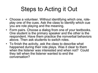 Steps to Acting it Out Choose a volunteer. Without identifying which one, role-play one of the cues. Ask the class to identify which cue you are role playing and the meaning. Form pairs. Choose a dialog from one of your textbooks. One student is the primary speaker and the other is the respondent. Have them practice the nonverbal behaviors above. Then ask students to switch roles.  To finish the activity, ask the class to describe what happened during their role plays. Was it clear to them when the listener was interested and when not?  Could they tell when the listener wanted to end the conversation? 