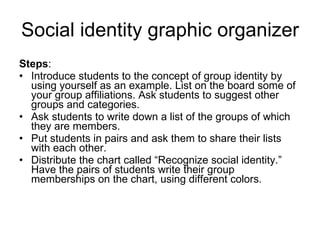 Social identity graphic organizer Steps :  Introduce students to the concept of group identity by using yourself as an example. List on the board some of your group affiliations. Ask students to suggest other groups and categories. Ask students to write down a list of the groups of which they are members. Put students in pairs and ask them to share their lists with each other.  Distribute the chart called “Recognize social identity.” Have the pairs of students write their group memberships on the chart, using different colors. 