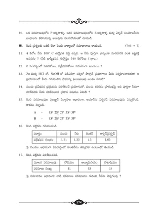 174
10. ˇø£ |üs¡e÷DTe⁄˝Àì P Ä]“{≤ﬁ¯óﬂ, Ç‘·s¡ |üs¡e÷DTe⁄˝Àì S-Ä]“{≤ﬁ¯ﬂ eT<Ûä´ @s¡Œ&˚ dü+jÓ÷»˙j·T
ã+<ÛëqT ø£*–j·TTqï nDTe⁄qT |ü≥düVü‰j·T+‘√ #·÷|ü+&ç.
III. øÏ+~ Á|üX¯ï≈£î ˇø£{Ï ˝Ò<ë ¬s+&ÉT yêø±´˝À düe÷<ÛëHêT sêj·T+&ç. (7I1 R 7)
11. 4 øÏ˝À ˙s¡T 100+
C ñc˛íÁ>∑‘· e<ä› ñqï~. Ä ˙s¡T |üP]Ô>± uÛ≤wüŒ+>± e÷s¡&ÜìøÏ m+‘· ñwüíX¯øÏÔ
nedüs¡+ ? (˙{Ï uÛ≤w”“uÛÑeq >∑Tb˛Ôwüí+ 540 ¬ø˝ÀØT / Á>±+.)
12. @ dü+<äs¡“¤+˝À |ü‘·qø√D+, eÁø°uÛÑeqø√D+ düe÷q+>± ñ+{≤sTT ?
13. Zn eTTø£ÿ HCl ‘√, NaOH ‘√ $&ç$&ç>± #·s¡´˝À bÕ˝§ZH˚ Á|üjÓ÷>±T MTs¡T ìs¡«Væ≤+#ês¡Tø£<ë! Ä
Á|üjÓ÷>±˝À MTs¡T >∑eTì+∫q kÕe÷q´ (common) n+X¯+ @$T{Ï?
14. eT+#·T Á<äMuÛÑeq Á|üÁøÏj·TqT |ü]o*+#˚ Á|üjÓ÷>∑+‘√, eT+#·T ø£s¡>∑&É+ ÁbÕs¡+uÛÑyÓTÆ n~ |üP]Ô>± ˙s¡T>±
e÷πses¡≈£î MTs¡T |ü]o*+∫q Á|ü<Ûëq $wüj·T+ @$T{Ï ?
15. øÏ+~ |üs¡e÷DTe⁄ mÁø±ºHé $Hê´kÕ Ä<Ûës¡+>±, nj·÷HéqT @s¡Œs¡#˚ |üs¡e÷DTe⁄qT mqTïø√+&ç.
ø±s¡D+ ‘ÓŒ+&ç.
A - 1S2
2S2
2P6
3S2
3P6
B - 1S2
2S2
2P6
3S2
3P5
16. øÏ+~ |ü{Ïºø£qT >∑eTì+#·+&ç.
|ü<ës¡ú+ eT+#·T ˙s¡T u…+õHé ø±s¡“Hé&Ó’dü˝…’Œ¤&é
eÁø°uÛÑeq >∑TDø£+ 1.31 1.33 1.5 1.63
ô|’ $Te Ä<Ûës¡+>± @|ü<ës¡ú+˝À ø±+‹y˚>∑+ ‘·≈£îÿe>± ñ+≥T+<√ ‘Ó|ü+&ç.
17. øÏ+~ |ü{Ïºø£qT |ü]o*+#·+&ç.
eT÷ø£ |üs¡e÷DTe⁄ k˛&çj·T+ n÷´$Tìj·T+ bı{≤wæj·T+
|üs¡e÷DT dü+K´ 11 13 19
ô|’ düe÷#ês¡+ Ä<Ûës¡+>± yê{Ï |üs¡e÷DT |ü]e÷D≤ >∑T]+∫ ˙y˚$T #Ó|üŒ>∑e⁄ ?
 