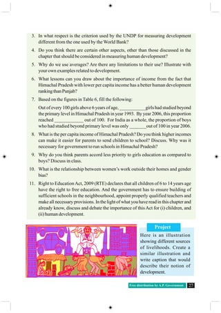 Free distribution by A.P. Government 27
3. In what respect is the criterion used by the UNDP for measuring development
different from the one used by the World Bank?
4. Do you think there are certain other aspects, other than those discussed in the
chapter that should be considered in measuring human development?
5. Why do we use averages? Are there any limitations to their use? Illustrate with
your own examples related to development.
6. What lessons can you draw about the importance of income from the fact that
Himachal Pradesh with lower per capita income has a better human development
ranking than Punjab?
7. Based on the figures in Table 6, fill the following:
Out of every 100 girls above 6 years of age, ___________girls had studied beyond
the primary level in Himachal Pradesh in year 1993. By year 2006, this proportion
reached ____________ out of 100. For India as a whole, the proportion of boys
who had studied beyond primary level was only _______out of 100 in year 2006.
8. What is the per capita income of Himachal Pradesh? Do you think higher incomes
can make it easier for parents to send children to school? Discuss. Why was it
necessary for government to run schools in Himachal Pradesh?
9. Why do you think parents accord less priority to girls education as compared to
boys? Discuss in class.
10. What is the relationship between women’s work outside their homes and gender
bias?
11. Right to EducationAct, 2009 (RTE) declares that all children of 6 to 14 years age
have the right to free education. And the government has to ensure building of
sufficient schools in the neighbourhood, appoint properly qualified teachers and
make all necessary provisions. In the light of what you have read in this chapter and
already know, discuss and debate the importance of this Act for (i) children, and
(ii) human development.
Project
Here is an illustration
showing different sources
of livelihoods. Create a
similar illustration and
write caption that would
describe their notion of
development.
 