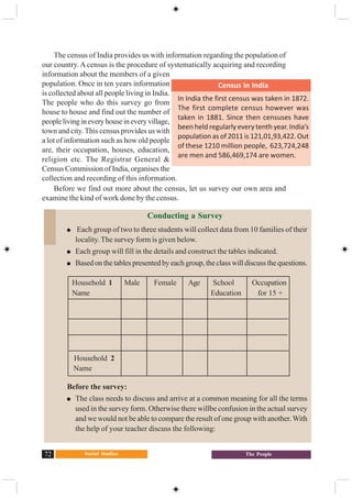 Social Studies72 The People
The census of India provides us with information regarding the population of
our country. A census is the procedure of systematically acquiring and recording
information about the members of a given
population. Once in ten years information
is collected about all people living in India.
The people who do this survey go from
house to house and find out the number of
peoplelivingineveryhouseineveryvillage,
town and city.This census provides us with
a lot of information such as how old people
are, their occupation, houses, education,
religion etc. The Registrar General &
Census Commission of India, organises the
collection and recording of this information.
Before we find out more about the census, let us survey our own area and
examine the kind of work done by the census.
Conducting a Survey
Each group of two to three students will collect data from 10 families of their
locality. The survey form is given below.
Each group will fill in the details and construct the tables indicated.
Based on the tables presented by each group, the class will discuss the questions.
Household 1 Male Female Age School Occupation
Name Education for 15 +
Household 2
Name
Before the survey:
The class needs to discuss and arrive at a common meaning for all the terms
used in the survey form. Otherwise there willbe confusion in the actual survey
and we would not be able to compare the result of one group with another.With
the help of your teacher discuss the following:
Census in India
In India the first census was taken in 1872.
The first complete census however was
taken in 1881. Since then censuses have
been held regularly every tenth year. India’s
population as of 2011 is 121,01,93,422. Out
of these 1210 million people, 623,724,248
are men and 586,469,174 are women.
 