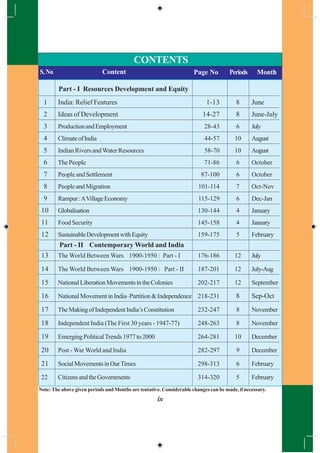 PeriodsS.No Content Page No Periods Month
Part - I Resources Development and Equity
1 India: Relief Features 1-13 8 June
2 Ideas of Development 14-27 8 June-July
3 ProductionandEmployment 28-43 6 July
4 ClimateofIndia 44-57 10 August
5 Indian Rivers andWater Resources 58-70 10 August
6 The People 71-86 6 October
7 PeopleandSettlement 87-100 6 October
8 PeopleandMigration 101-114 7 Oct-Nov
9 Rampur:AVillageEconomy 115-129 6 Dec-Jan
10 Globalisation 130-144 4 January
11 Food Security 145-158 4 January
12 SustainableDevelopmentwithEquity 159-175 5 February
Part - II Contemporary World and India
13 The World Between Wars 1900-1950 : Part - I 176-186 12 July
14 The World Between Wars 1900-1950 : Part - II 187-201 12 July-Aug
15 NationalLiberationMovementsintheColonies 202-217 12 September
16 NationalMovementinIndia–Partition&Independence 218-231 8 Sep-Oct
17 TheMakingofIndependentIndia’sConstitution 232-247 8 November
18 Independent India (The First 30 years - 1947-77) 248-263 8 November
19 EmergingPoliticalTrends1977to2000 264-281 10 December
20 Post - War World and India 282-297 9 December
21 SocialMovementsinOurTimes 298-313 6 February
22 CitizensandtheGovernments 314-320 5 February
CONTENTS
Note:The above given periods and Months are tentative. Considerable changes can be made, if necessary.
ix
 