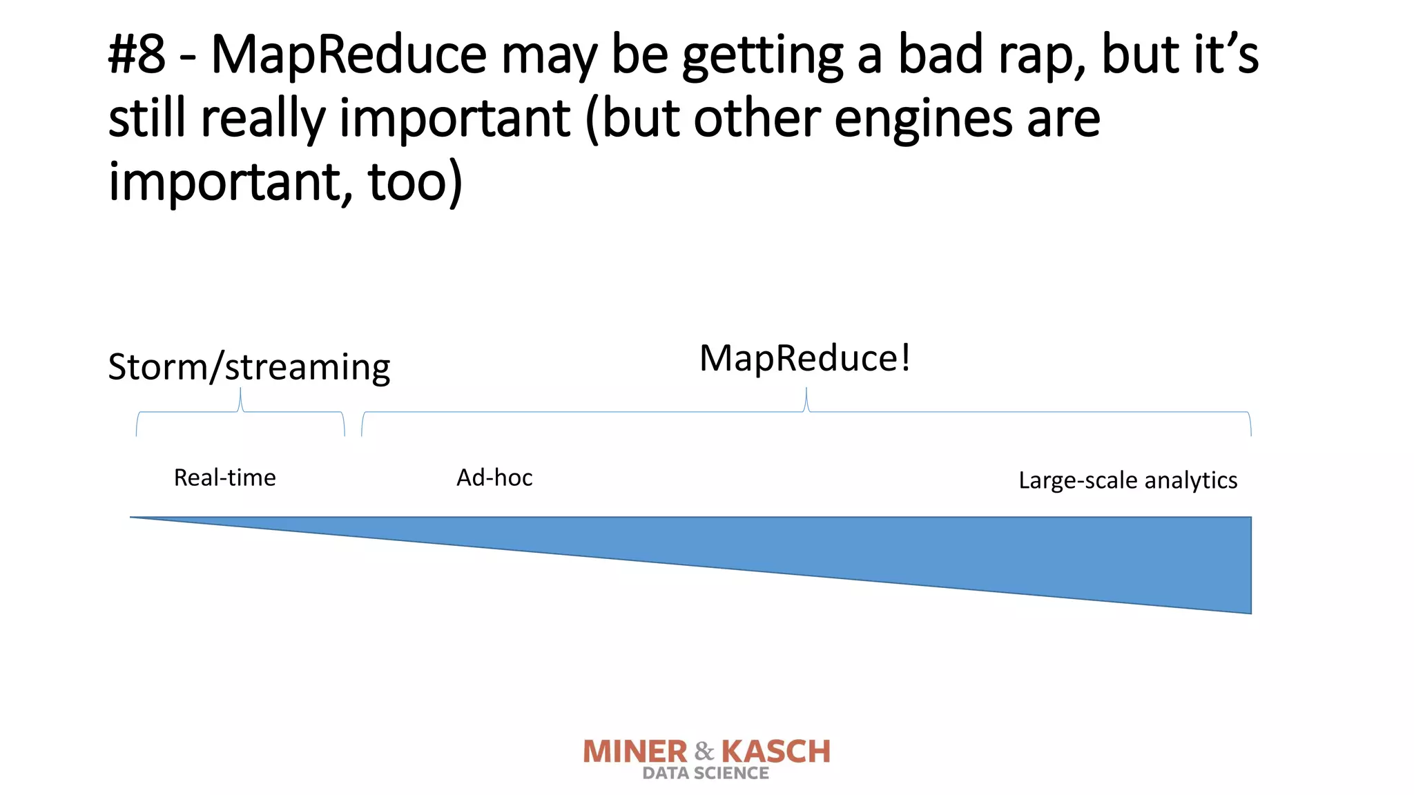 #8 - MapReduce may be getting a bad rap, but it’s
still really important (but other engines are
important, too)
Real-time Large-scale analyticsAd-hoc
MapReduce!Storm/streaming
 