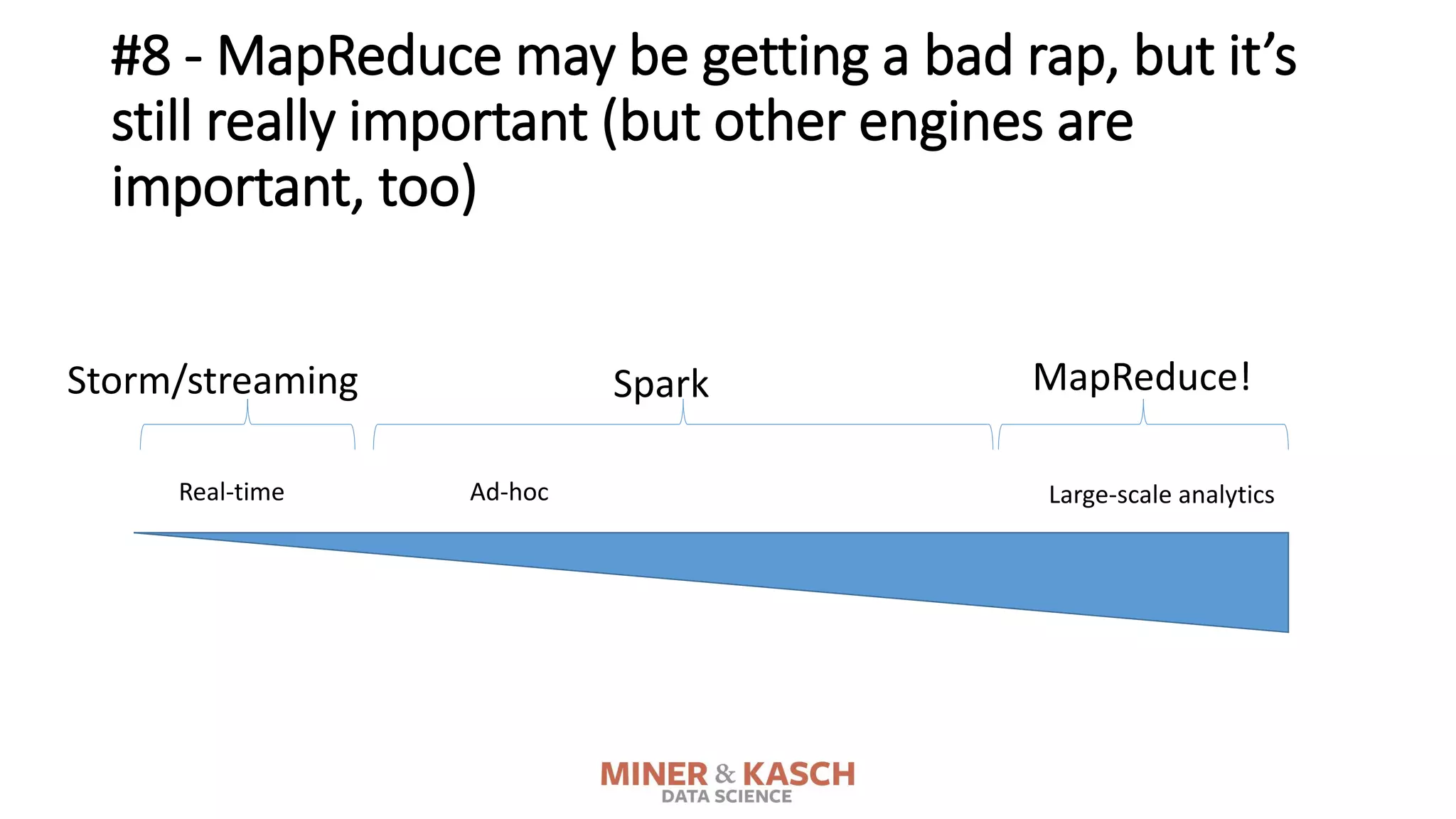 #8 - MapReduce may be getting a bad rap, but it’s
still really important (but other engines are
important, too)
Real-time Large-scale analyticsAd-hoc
MapReduce!Storm/streaming Spark
 
