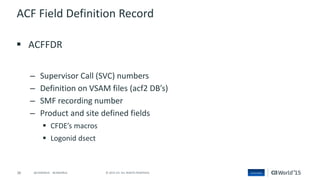 36 © 2015 CA. ALL RIGHTS RESERVED.@CAWORLD #CAWORLD
ACF Field Definition Record
 ACFFDR
– Supervisor Call (SVC) numbers
– Definition on VSAM files (acf2 DB’s)
– SMF recording number
– Product and site defined fields
 CFDE’s macros
 Logonid dsect
 