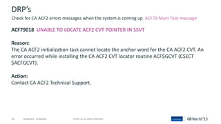 45 © 2015 CA. ALL RIGHTS RESERVED.@CAWORLD #CAWORLD
DRP’s
ACF79018 UNABLE TO LOCATE ACF2 CVT POINTER IN SSVT
Reason:
The CA ACF2 initialization task cannot locate the anchor word for the CA ACF2 CVT. An
error occurred while installing the CA ACF2 CVT locator routine ACF$GCVT (CSECT
$ACFGCVT).
Action:
Contact CA ACF2 Technical Support.
Check for CA ACF2 errors messages when the system is coming up ACF79 Main Task message
 