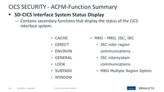 69 © 2015 CA. ALL RIGHTS RESERVED.@CAWORLD #CAWORLD
CICS SECURITY - ACFM-Function Summary
 SD-CICS Interface System Status Display
– Contains secondary functions that display the status of the CICS
interface system:
• CACHE
• DIRECT
• ENVIRON
• GENERAL
• LOOK
• SUBTASK
• WINDOW
• MRO - MRO, ISC, IRC
• IRC inter region
communications
• ISC intersystem
communications
• MRO Multiple Region Option
 