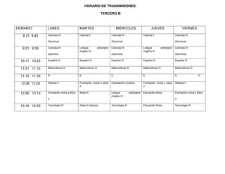 HORARIO DE TRANSMISIONES.

                                                               TERCERO B



HORARIO         LUNES                      MARTES                             MIERCOLES                          JUEVES                       VIERNES

   8:31 8:45    Ciencias III               Historia II                    Ciencias III                   Historia II                    Ciencias III

                (Química)                                                 (Química)                                                     (Química)

  9:21 9:35     Ciencias III               Lengua            extranjera   Ciencias III                   Lengua            extranjera   Ciencias III
                                           (ingles) III                                                  (inglés) III
                (Química                                                  (Química)                                                     (Química)

 10:11 10:25    Español III                Español III                    Español III                    Español III                    Español III


 11:01 11:15    Matemáticas III            Matemáticas III                Matemáticas III                Matemáticas III                Matemáticas III


 11:15 11:35    R                          E                              C                              E                              S                   O


  12:06 12:20   Historia II                Formación cívica y ética       Orientación y tutoría          Formación cívica y ética       Historia II
                                           II                                                            II

 12:56 13:10    Formación cívica y ética   Artes III                      Lengua            extranjera   Educación física               Formación cívica y ética
                                                                          (inglés) III
                II                                                                                                                      II

 13:16 14:00    Tecnología III             Artes III (danza)              Tecnología III                 Educación física               Tecnología III
 