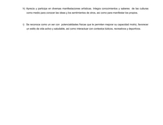 h) Aprecia y participa en diversas manifestaciones artísticas. Integra conocimientos y saberes de las culturas
   como medio para conocer las ideas y los sentimientos de otros, así como para manifestar los propios.



i) Se reconoce como un ser con potencialidades físicas que le permiten mejorar su capacidad motriz, favorecer
   un estilo de vida activo y saludable, así como interactuar con contextos lúdicos, recreativos y deportivos.
 