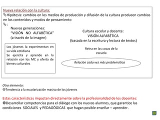 Otro elemento:
Tendencia a la escolarización masiva de los jóvenes
Estas características impactan directamente sobre la profesionalidad de los docentes:
Desarrollar competencias para el diálogo con los nuevos alumnos, que garantice las
condiciones SOCIALES y PEDAGÓGICAS que hagan posible enseñar – aprender.
Nueva relación con la cultura:
Hipótesis: cambios en los medios de producción y difusión de la cultura producen cambios
en los contenidos y modos de pensamiento
:
Nuevas generaciones:
“VISIÓN NO ALFABÉTICA”
(a través de la imagen)
Cultura escolar y docente:
VISIÓN ALFABÉTICA
(basada en la escritura y lectura de textos)
Reina en las cosas de la
escuela
Relación cada vez más problemática
Los jóvenes la experimentan en
su vida cotidiana
Se ejercita y aprende en la
relación con los MC y oferta de
bienes culturales
 