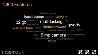 N900 Features 	48 gb exp memorytouch screenwidgetsOpen GLmulti-tasking3d graphics32 gbQtqwertyintegrated gpsfirefox browserweb run timelinux osradiowireless broadbandAjaxpersonalized desktop5 mp camera800 × 480 resolutionflashInnovative designpowerful processorvideo