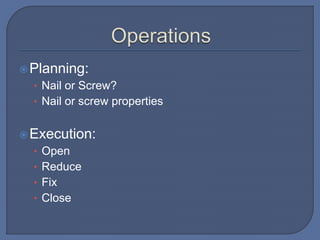 Planning:
• Nail or Screw?
• Nail or screw properties
Execution:
• Open
• Reduce
• Fix
• Close
 