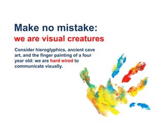Make no mistake: 	we are visual creatures<br />Consider hieroglyphics, ancient cave art, and the finger painting of a four...