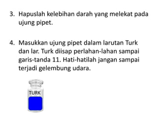3. Hapuslah kelebihan darah yang melekat pada
   ujung pipet.

4. Masukkan ujung pipet dalam larutan Turk
   dan lar. Turk diisap perlahan-lahan sampai
   garis-tanda 11. Hati-hatilah jangan sampai
   terjadi gelembung udara.


      TURK
 
