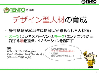 の目標



   デザイン型人材の育成
• 野村総研が2011年に提出した「求められる人材像」
• スーツ（ビジネスパーソン）とギーク（エンジニア）が活
  躍する場を提供、イノベーションを起こす
（例）                     しかし野村総研は
スティーブ・ジョブズ（Apple）           …
                        デザイン型の育成は難しい
                        と正直に
マーク・ザッカーバーグ（Facebook）
                        認めているのであった…！
ラリー・ペイジ（Google）




                                       9
 