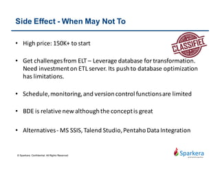 Informatica Job Trends
Level Junior Level
(20%)
Middle Level
(40%)
Expert Level
(40%)
Position ETL developer
Informatica dev.
DW developer
Sr. ETL developer
Data Specialist
ETL specialist
ETL designer
ETL Admin
Big data ETL dev.
BDE developer
Informatica architect
Informatica consultant
Tool PowerCenter Informatica
Developer
Other
Usage
Percentage
80% 10% 10%
© Sparkera. Confidential. All Rights Reserved
 