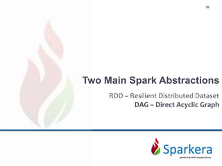 Two Main Spark Abstractions
RDD – Resilient Distributed Dataset
DAG – Direct Acyclic Graph
39
 