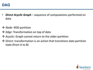 DAG
• Direct Acyclic Graph – sequence of computations performed on
data
 Node: RDD partition
 Edge: Transformation on top of data
 Acyclic: Graph cannot return to the older partition
 Direct: transformation is an action that transitions data partition
state (from A to B)
 
